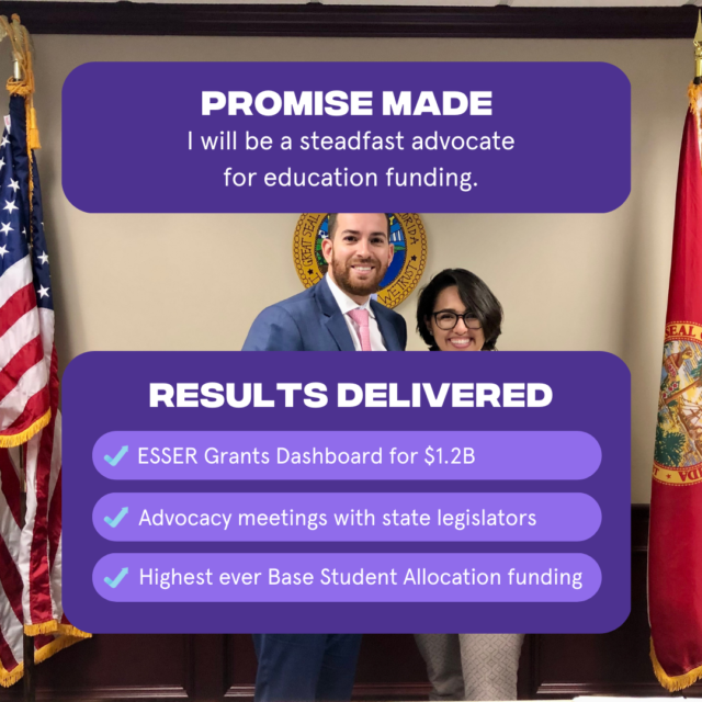 Promise Made: I will be a steadfast advocate for education funding Results Delivered: 1. ESSER Grants Dashboard for $1.2 billion 2. Advocacy meetings with state legislators 3. Highest ever Base Student Allocation funding